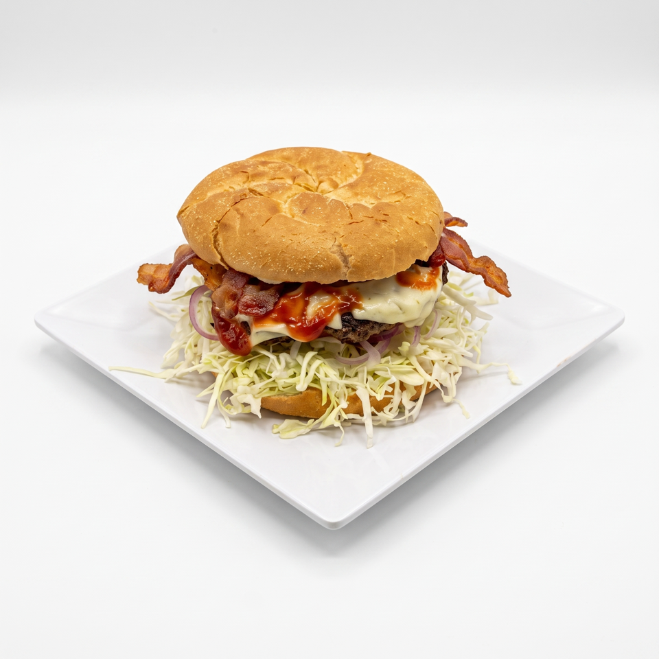 Bacon cheeseburger with barbecue sauce, shredded lettuce, and onions on a white square plate.