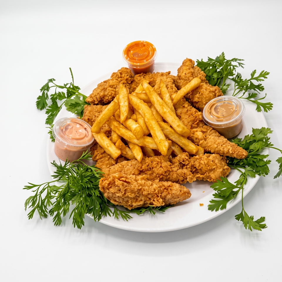 Crispy fried chicken tenders and French fries on a white plate, garnished with parsley and served with three dipping sauces.