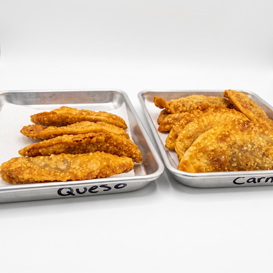 Golden fried quesadillas and empanadas arranged in two labeled metal trays on a white surface.