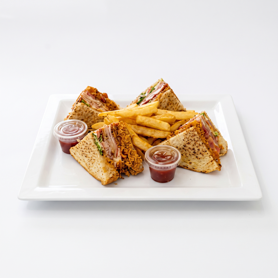 Toasted triangular sandwiches with meat and greens, golden fries, and two cups of dipping sauce on a white plate.